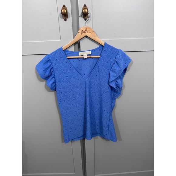 Michael Kors Tops - Michael Kors Blue Eyelet Ruffle Sleeve V-Neck Blouse Top Small